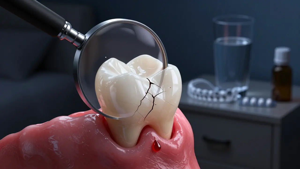 Zvětšený pohled na prasklinu v předním zubu s inflamovanými dásněmi a kapičkou krve.