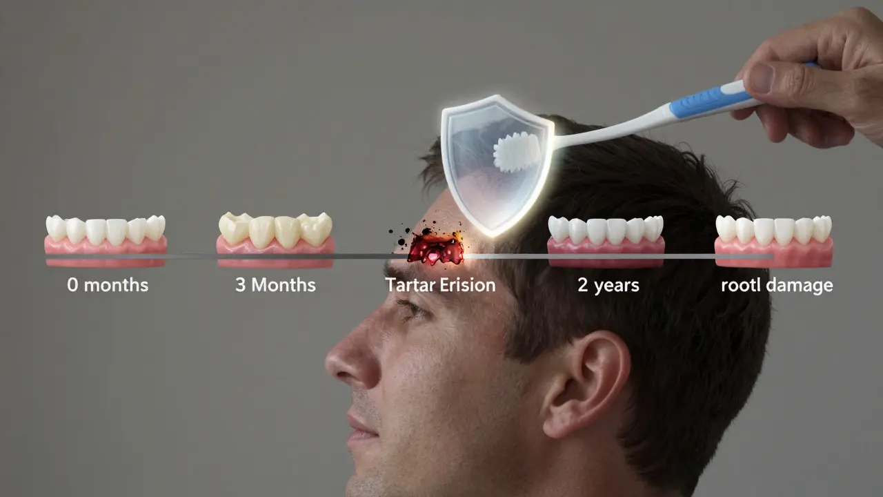 Časová osa rozvoje kariésu a ochrana mezizubním kartáčkem.