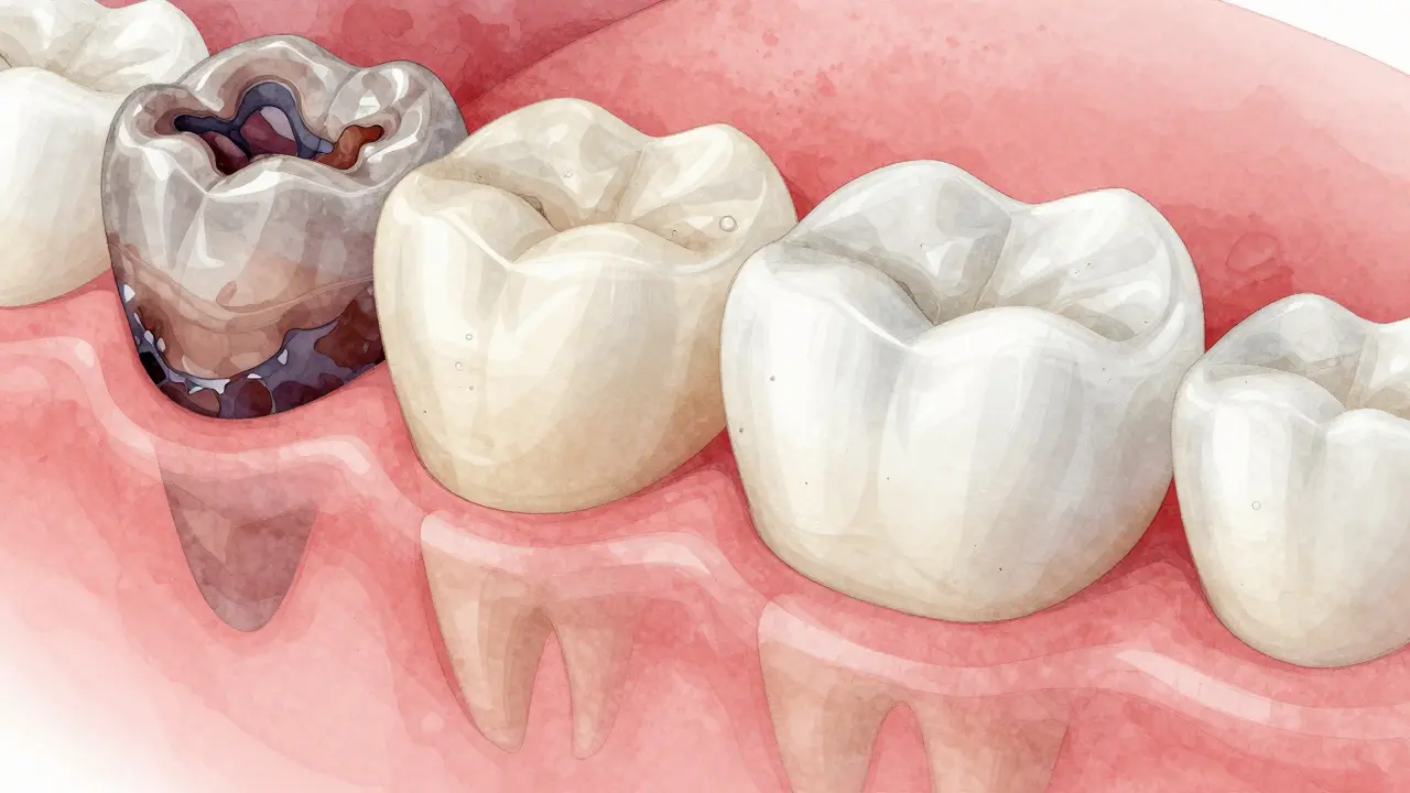 Cross-section of a tooth showing natural enamel bonded to a white composite filling, contrasting with old amalgam.