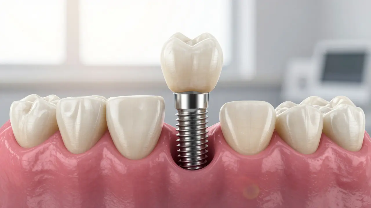 Dental implantát v čelisti s keramickou korunkou, znázorňující obnovu ztraceného zubu.