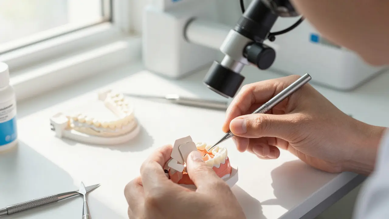 Dental technician crafting custom ceramic veneers in a laboratory using translucent porcelain materials.