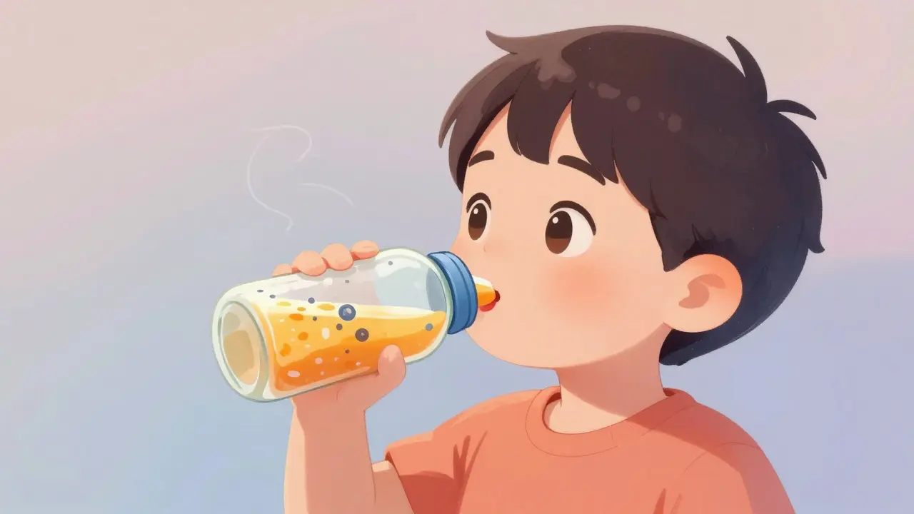 Dítě pije sladkou šťávu, plak na zubech v kresleném stylu.