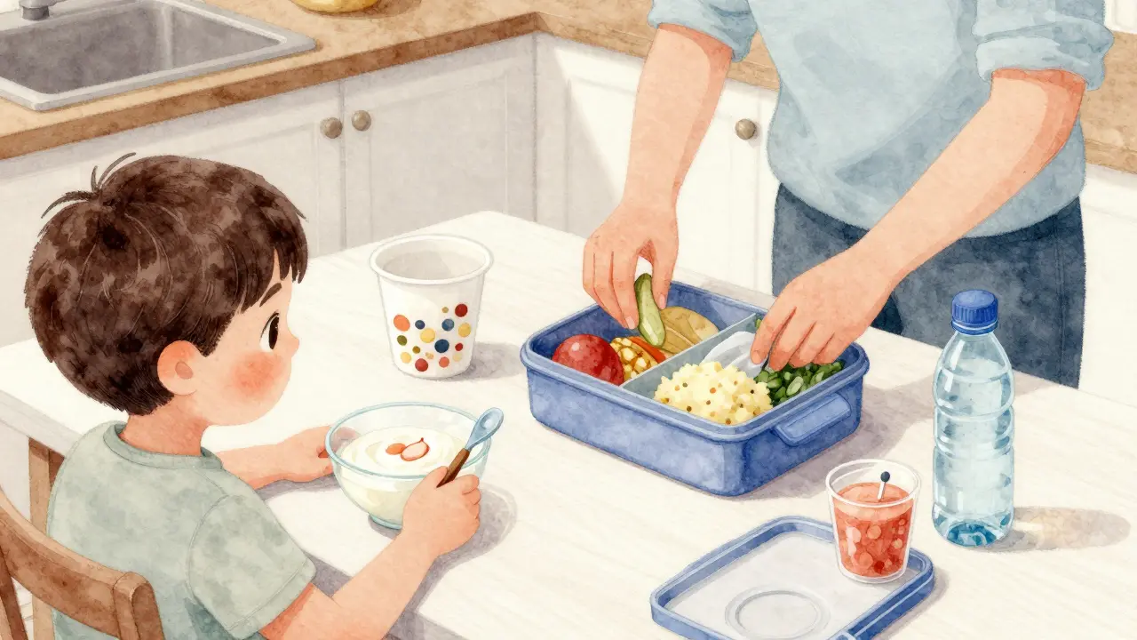 Dítě s měkkým jídlem, léky a vodní láhví pro školu.