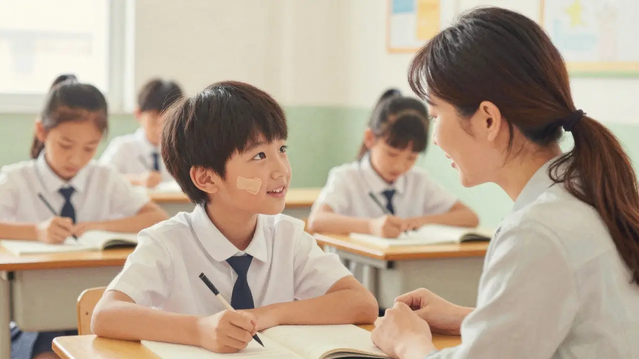 Dítě s obvazem na obličeji mluví s učitelem v třídě.