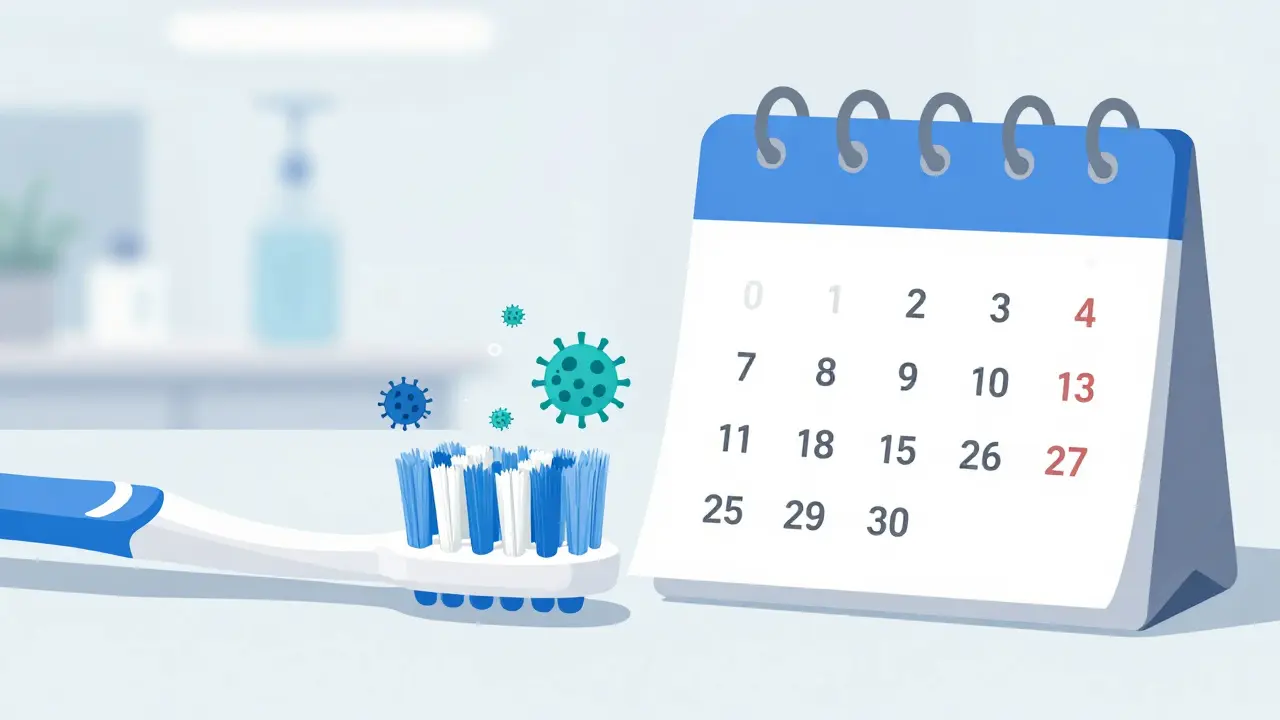 Kartáček s vybledlým indikátorem opotřebení a kalendářem s daty výměny.