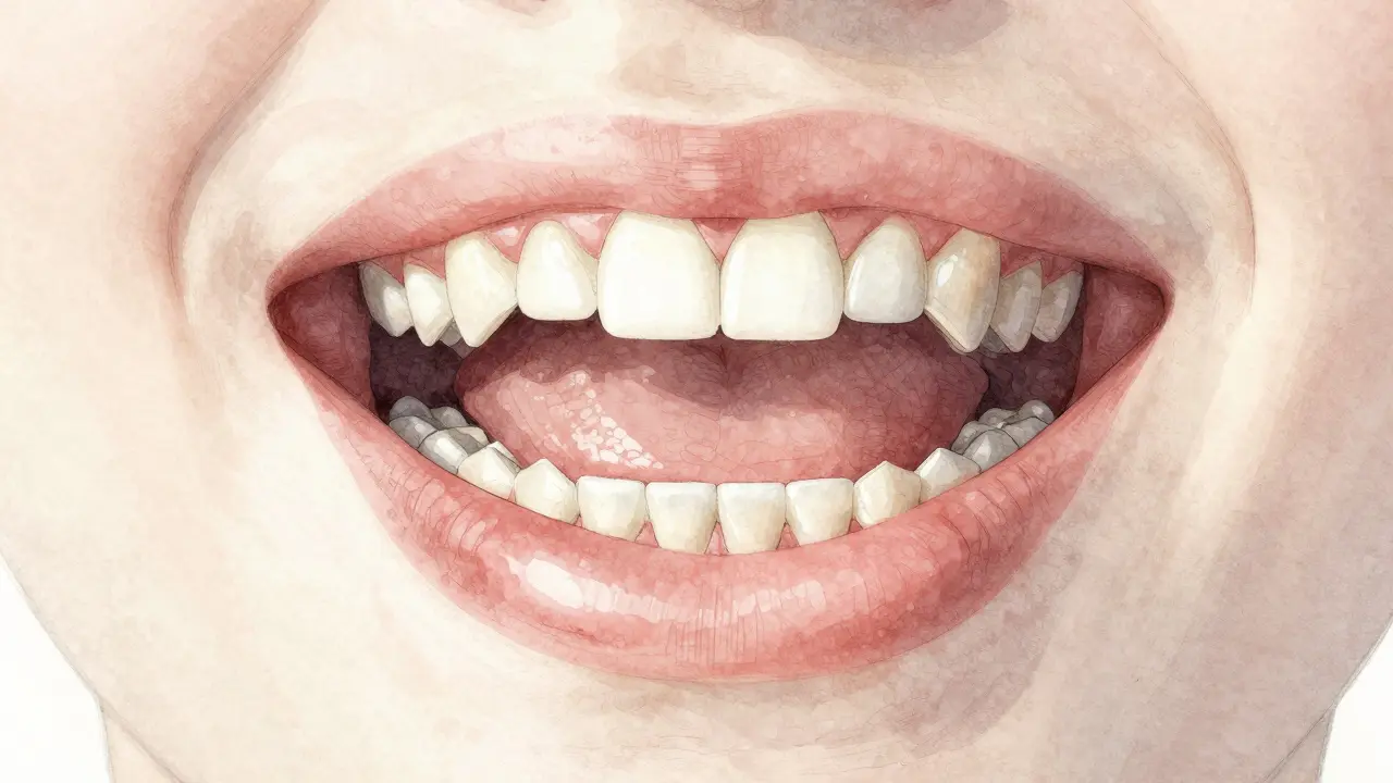 Křížový řez ústní dutiny ukazující příčiny mezery mezi zuby: jazykový pás, tlak jazyka a dásně.