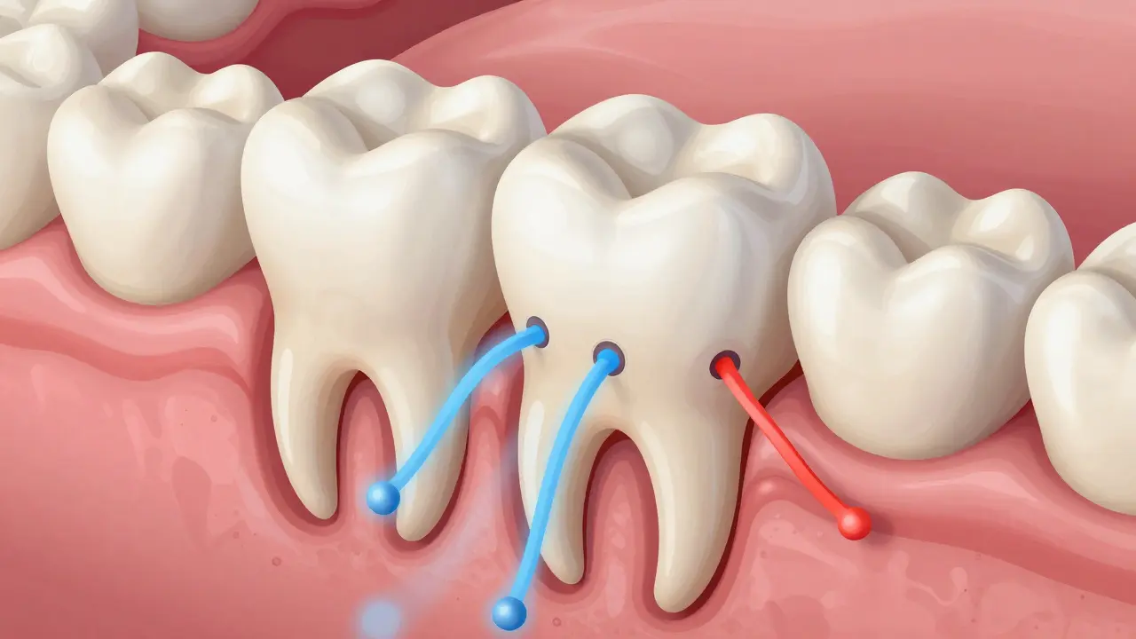 Mikroskopický řez zubem ukazující, jak peroxid proniká do dentinu a otevírá mikrokanálky.