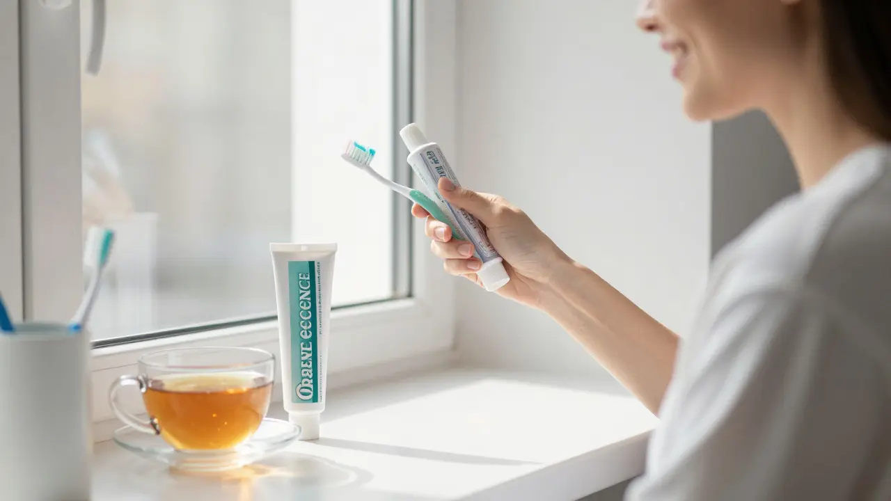 Osoba čistí zuby fluoridovou pastou, bělící gel leží nepoužitý na okně.