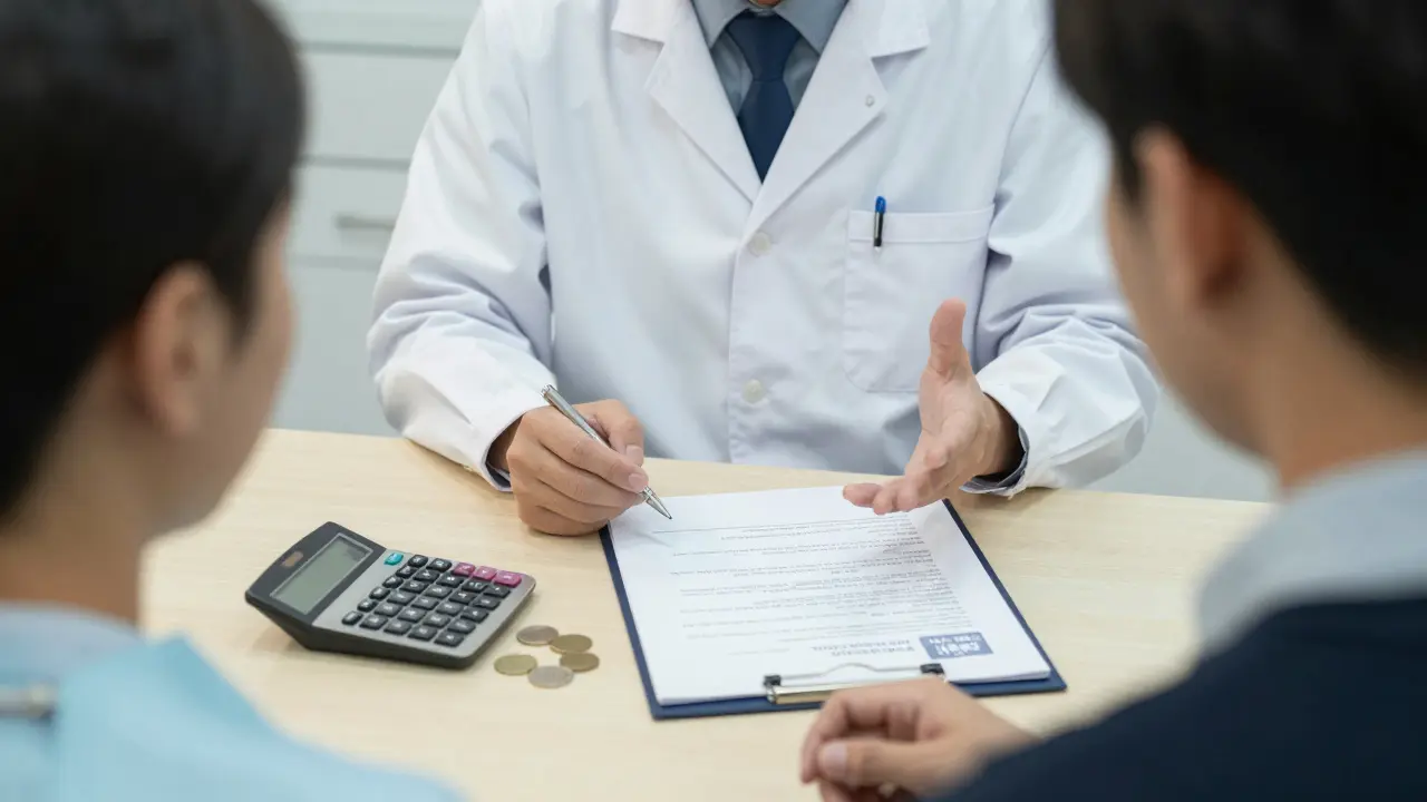 Pacient a zubní lékař diskutují o platebách v ordinaci.