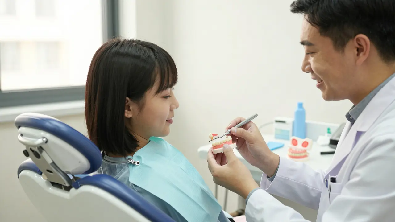 Pacient v univerzitní zubní klinice dostává přizpůsobenou dočasnou protézu pod dohledem zubaře.