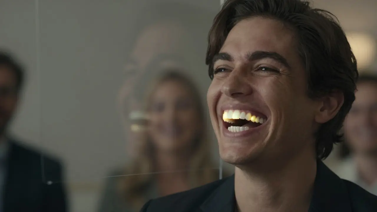 Person smiling confidently with ceramic veneers, visualized as a glowing transformation from a tooth gap.