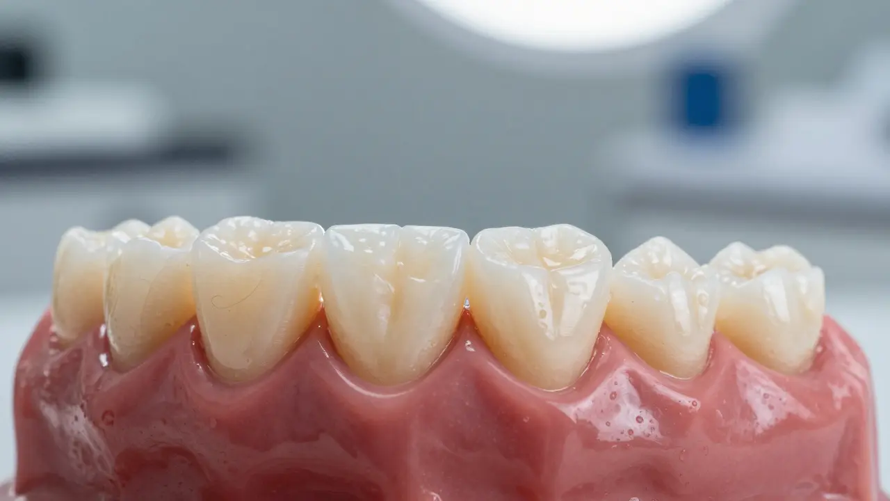 Porovnání kompozitní onlay a korunky na zubním modelu.