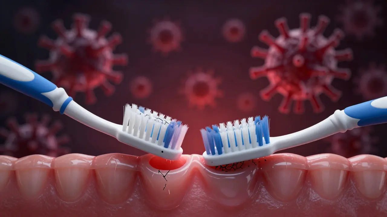 Porovnání starého a nového kartáčku při čištění dásní s viditelnými bakteriemi.