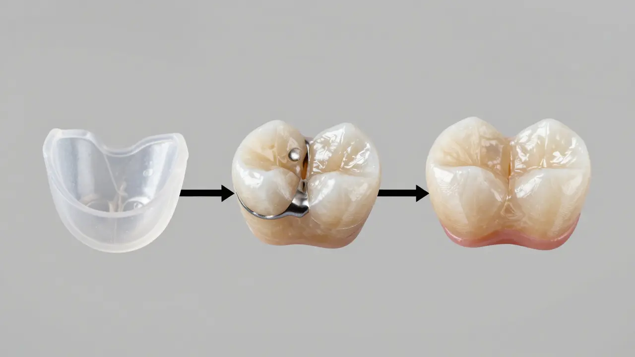 Přechod od dočasné korunky k trvalé metalokeramické korunce v úsměvu.
