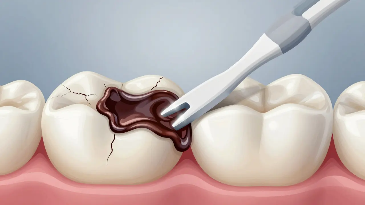 Přehled vnitřní struktury zubu s odstraněním plaku mezizubním kartáčkem.