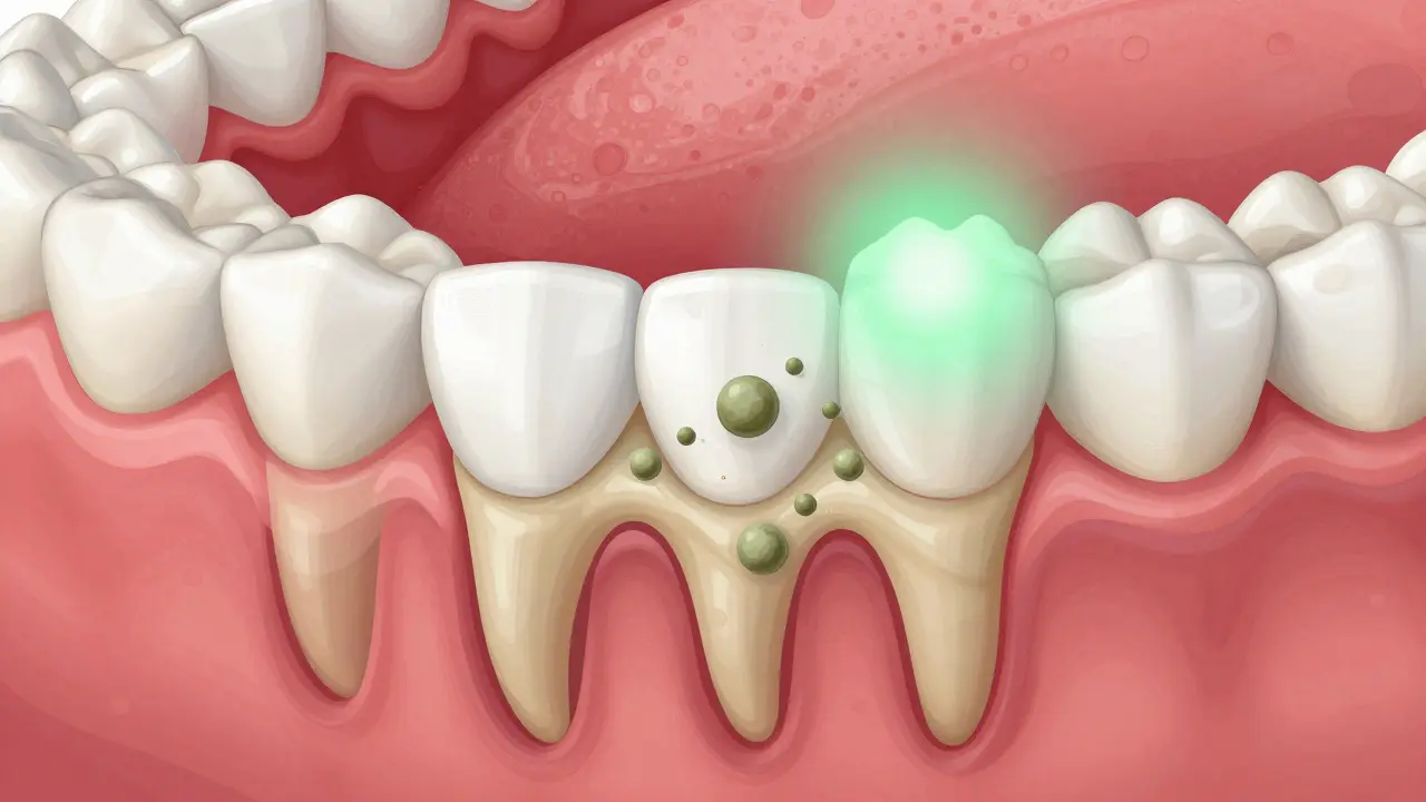Přehledný řez dásněmi a zuby s kalcifikovaným plakem a zánětem pod dásní.