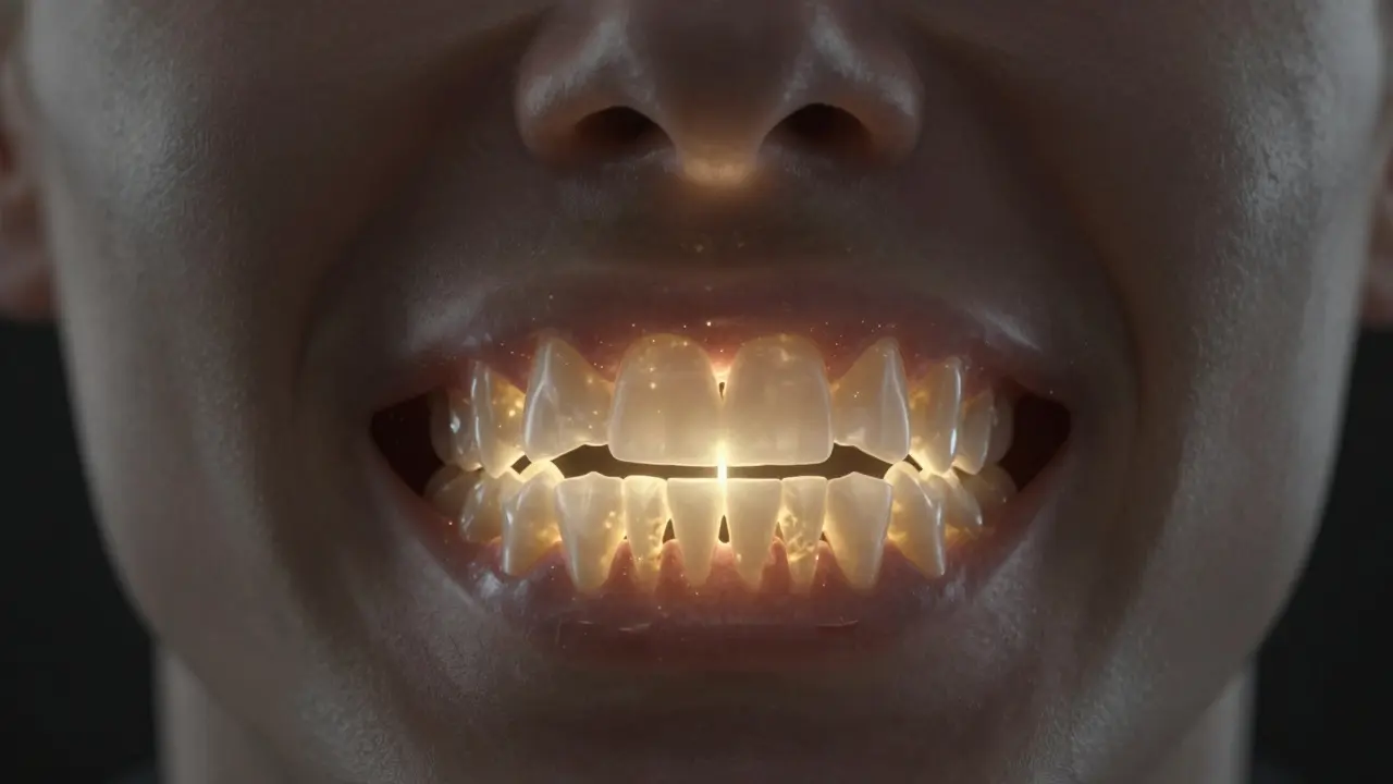 Průhledná čelist s resorpcí kosti a růstem nové kosti, zatímco implantát zasahuje do mezery.