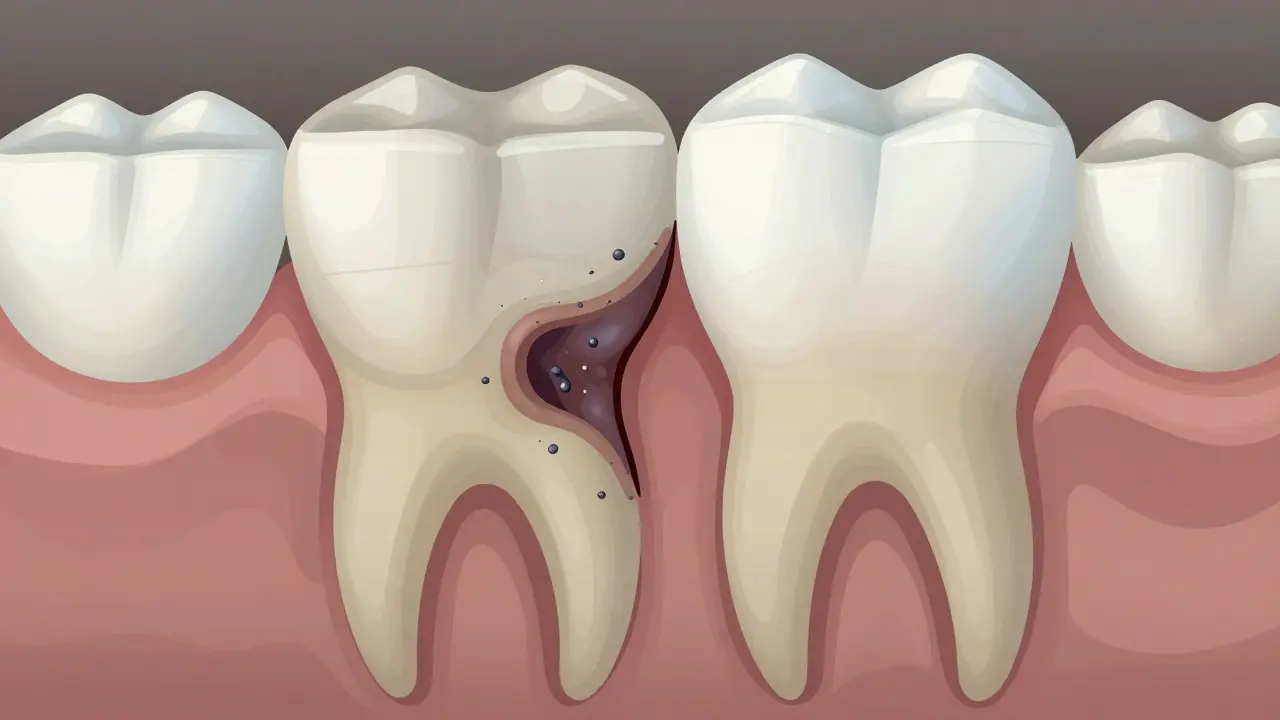 Průřez zubů s rozšířeným kazem mezi nimi a zničenou zubní tkání.