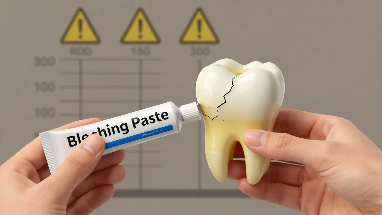 Ruka drží bělící pastu vedle poškozeného zubu s odhalenou dentinou a RDA škálu s varovnými značkami.