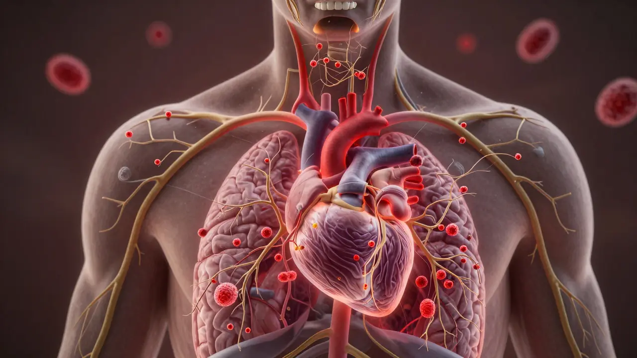 Schematický obrázek těla s bakteriemi z úst šířícími se do srdce, mozku a plic.