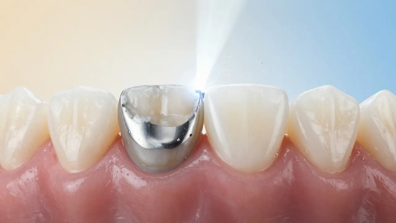 Side-by-side comparison of a tooth with old silver filling and one with modern white filling, illuminated by UV light.