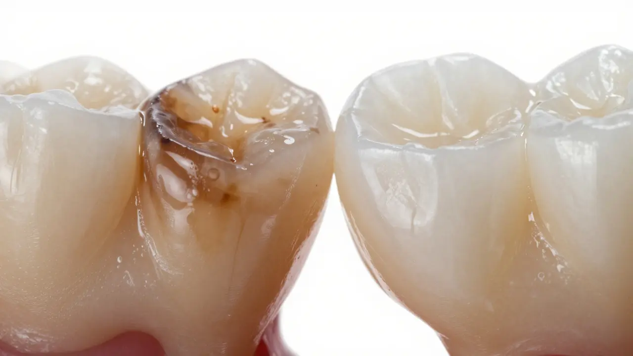 Side-by-side comparison of tetracycline-stained tooth and restored tooth with composite bonding.