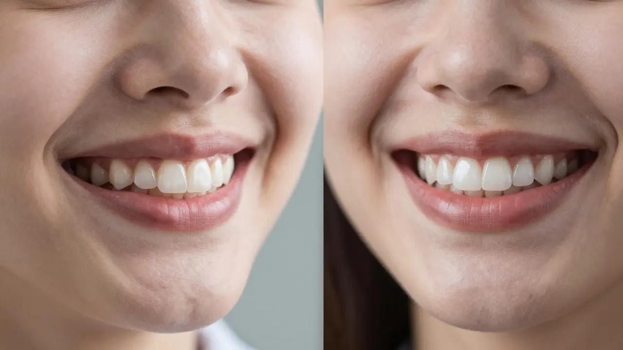 Side-by-side smile comparison showing a repaired tooth blending naturally with adjacent teeth.