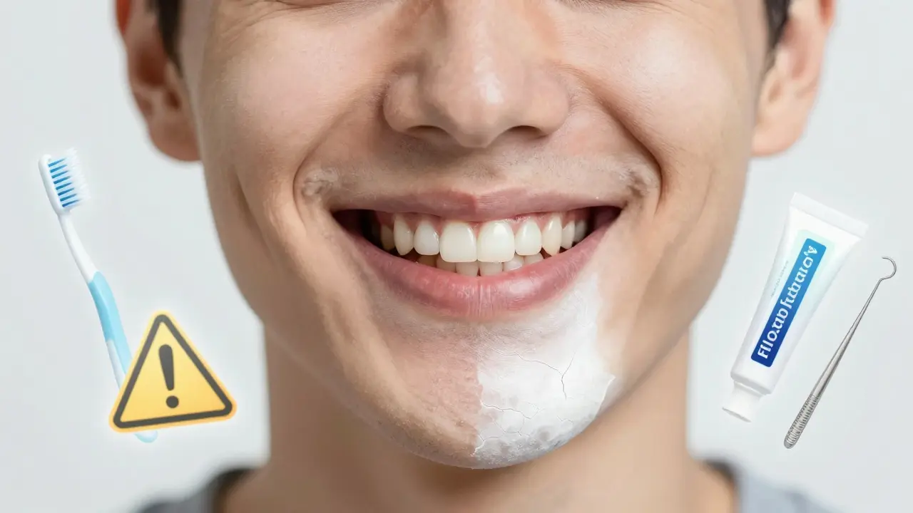 Smích s jednou stranou zdravého zubu a druhou stranou poškozeného, obklopený ikonami bělící pasty, fluoridu a zubního nástroje.