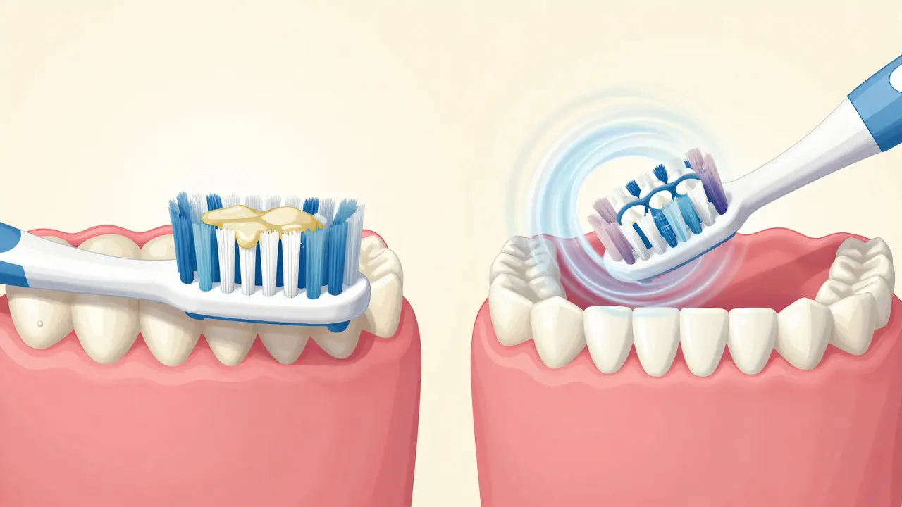 Srovnání ručního a sonického kartáčku: na jedné straně zubní plak a zánět, na druhé čisté zuby a zdravé dásně.