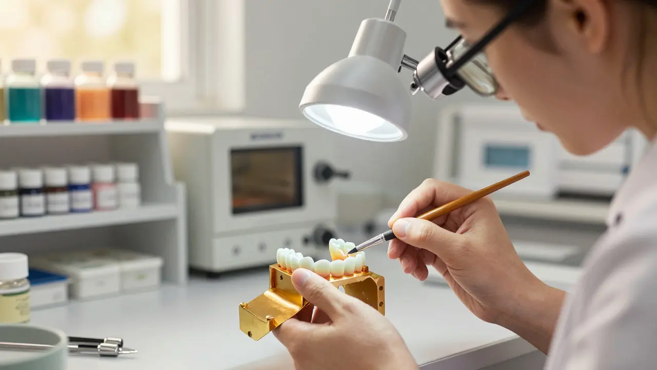 Technik v zubní laboratoři ručně nanáší keramiku na kovovou kostru korunky.