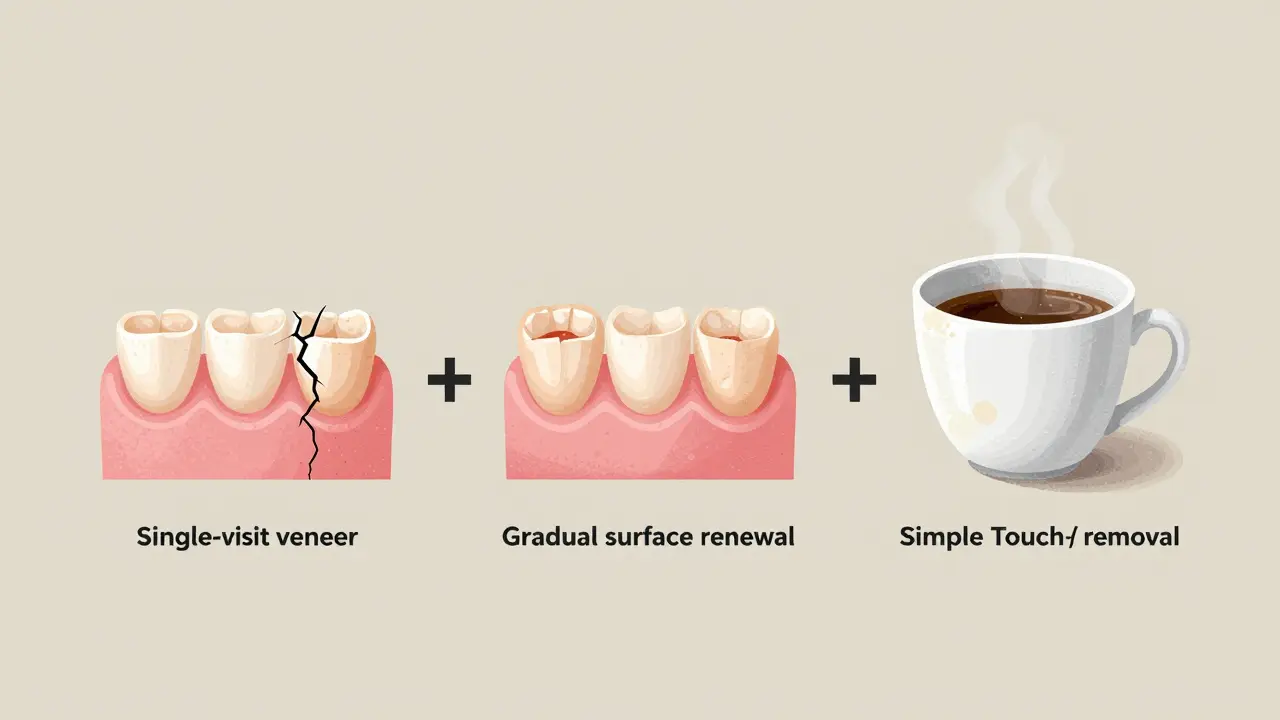 Timeline illustration of composite veneer maintenance with touch-up and renewal process.
