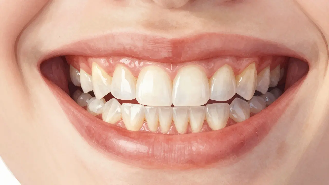 Translucent composite layers restoring tetracycline-stained teeth with natural light effects.