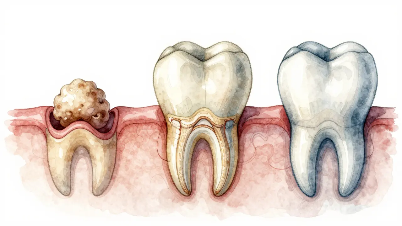 Tři fáze hojení kosti po vytažení zubu: krevní sraženina, nová kostní tkáň a zrálá kost.
