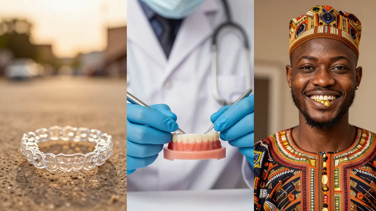 Tři scény: ortodoncie, kompozitní plomba a zlatý zub s mezerou v nigerijském kontextu.