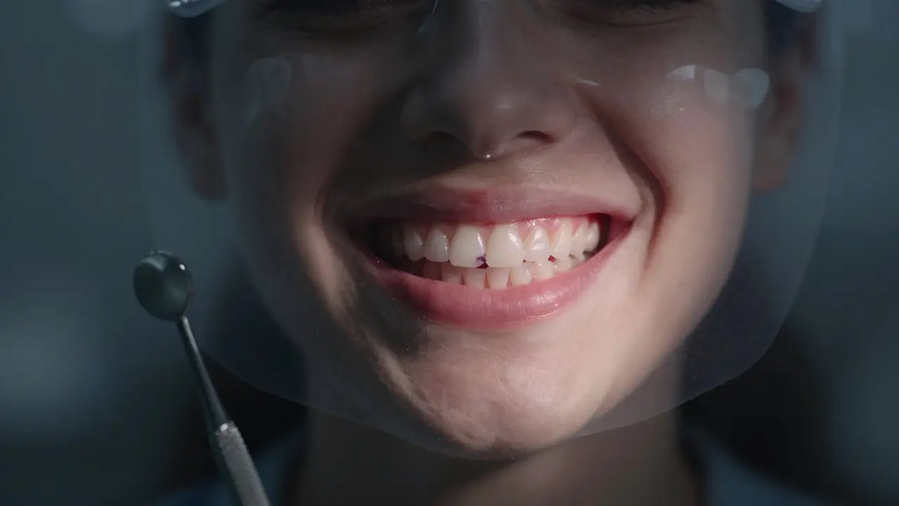 Úsměv s skrytou mezerou mezi zuby a rentgenovým obrazem kazů v pozadí.