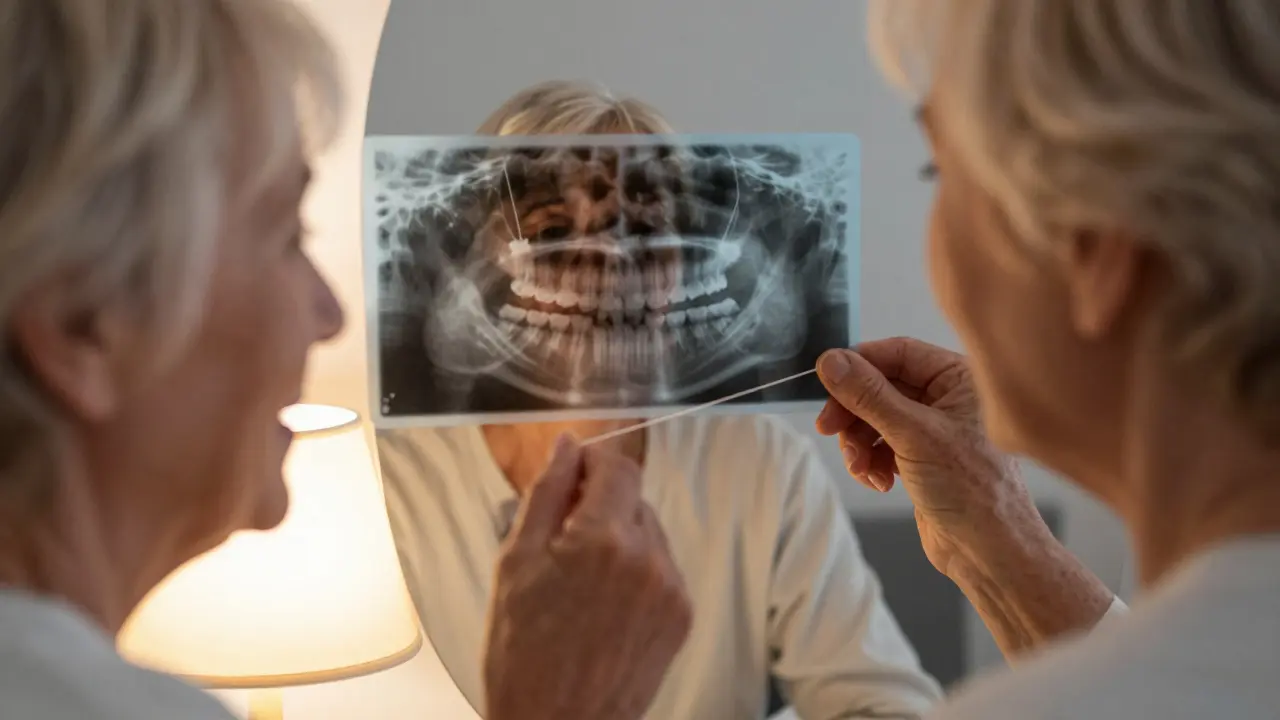 Žena čistící mezizuby večer, s odrazem zubního rentgenu v zrcadle.