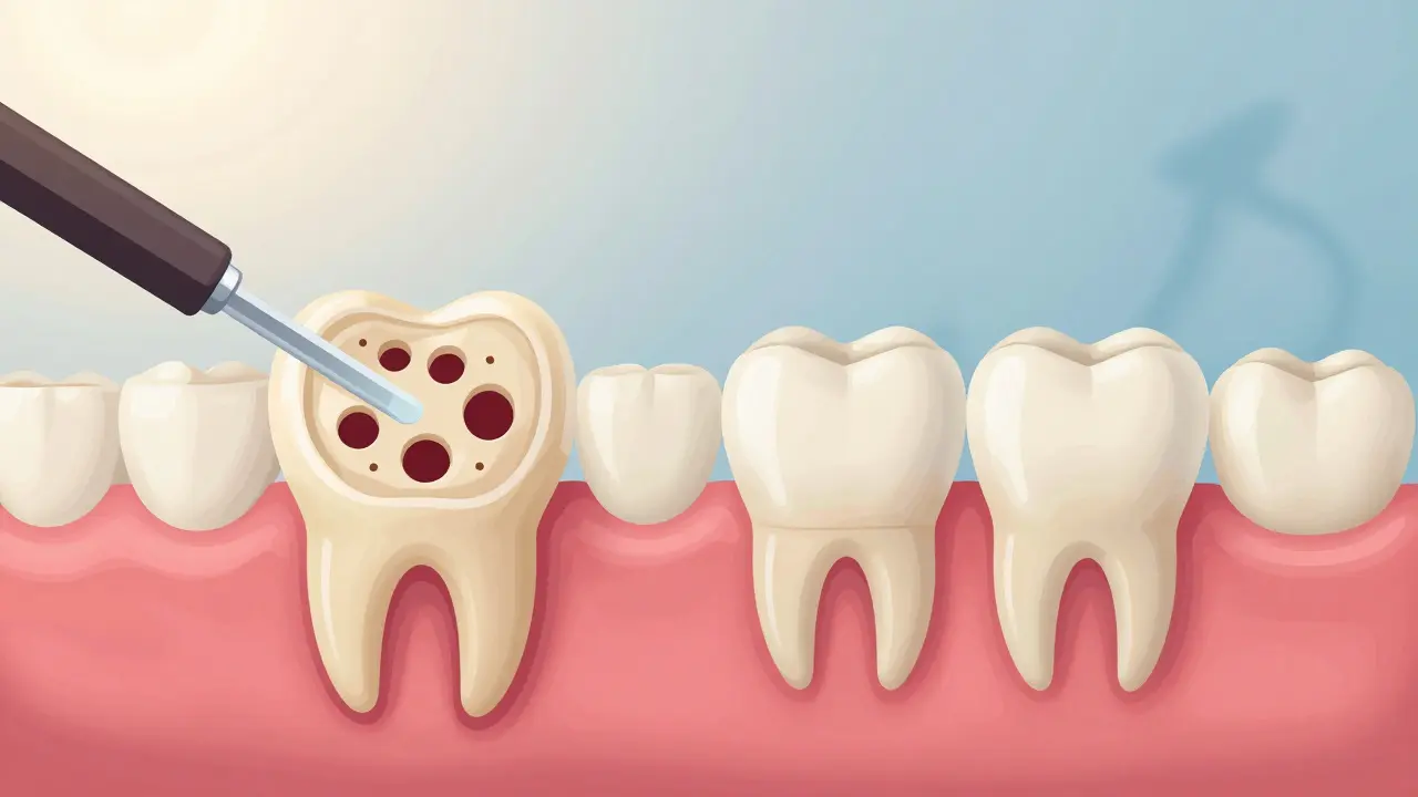 Zvětšený pohled na mikropóry v sklovině zubu během a po obnově.