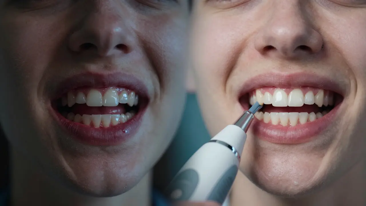 Before and after comparison of unhealthy gums versus healthy gums after ultrasonic cleaning.