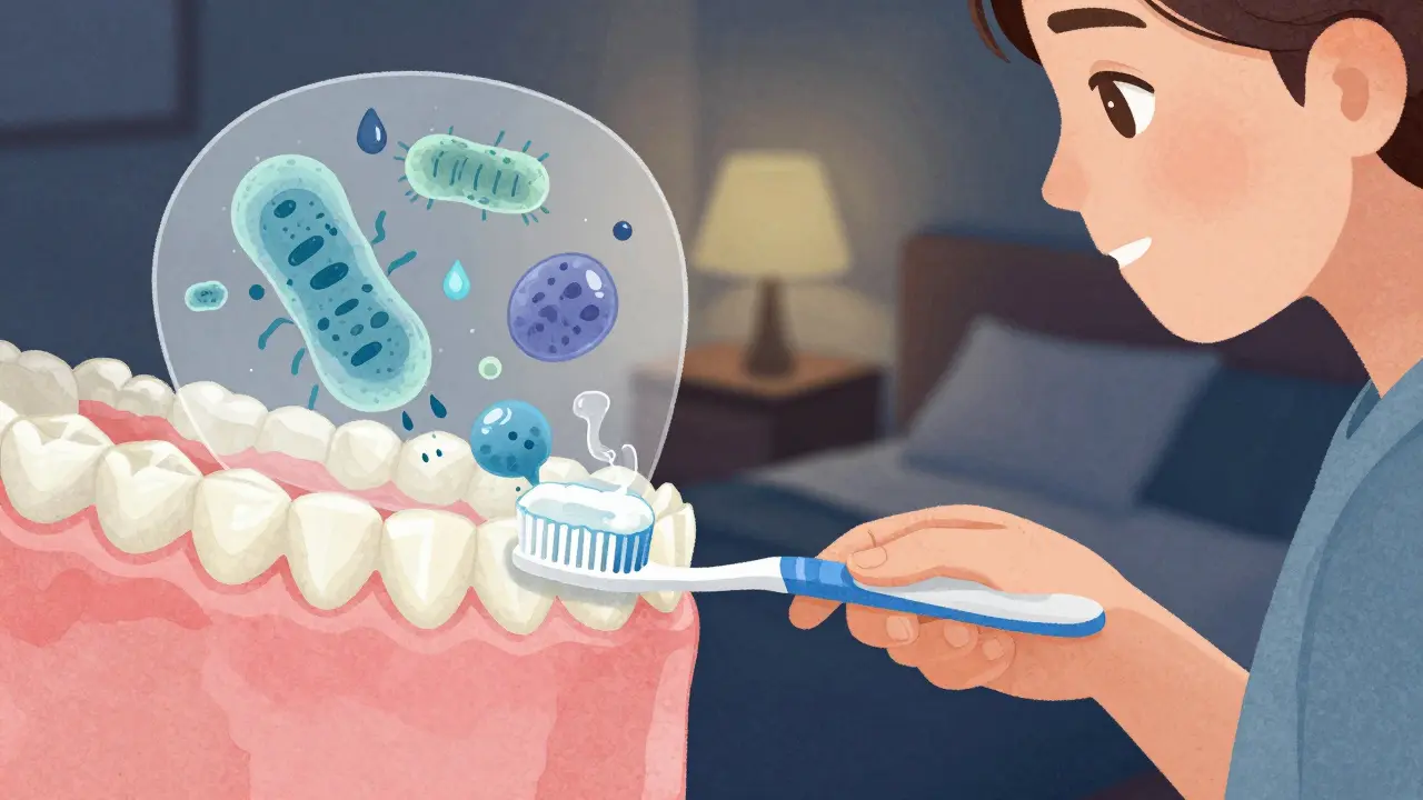 Člověk čistí zuby večer, zároveň je vidět, jak se plak odstraňuje a bakterie produkují kyselinu.