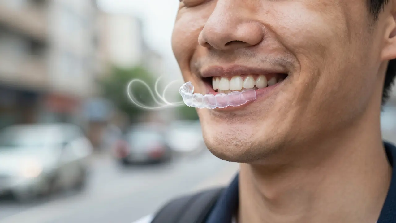 Dospělý člověk široce šťastně usmívá, s jemnými průhlednými rovnátky plujícími kolem úst.