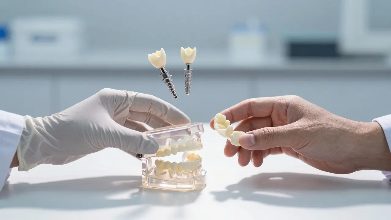 Dvě ruce spolupracují nad zubním modelem, z něj vyrůstají korunky a mosty jako neviditelná spojení.