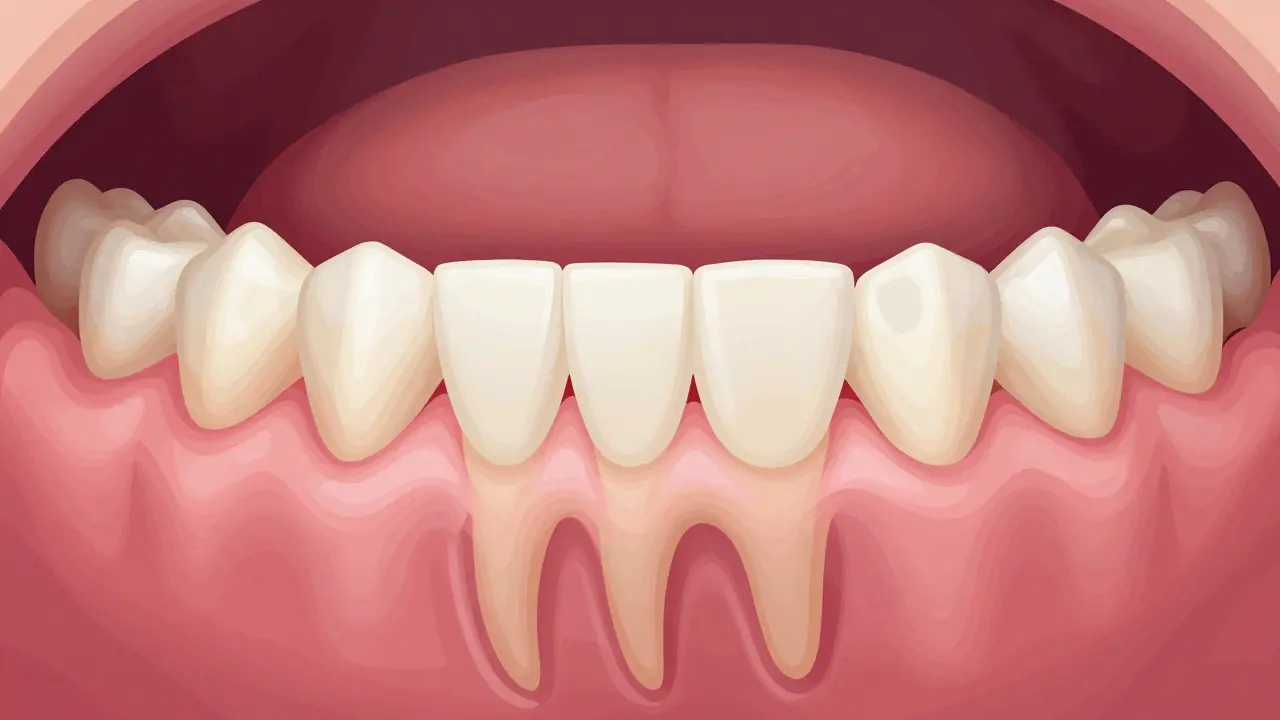 Grafické znázornění zdravého stavu dásní a kořenů zubů.