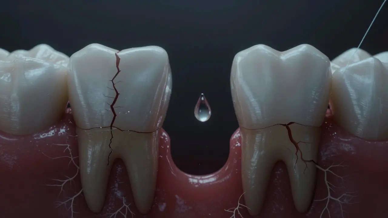 Kapka vody v mezizubním prostoru způsobuje křehké poškození kosti a kořene.