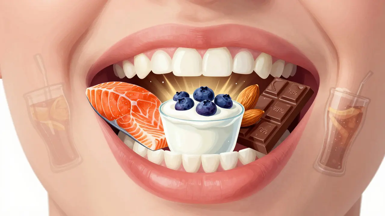 Klíčové potraviny podporující zdraví dásní, vystupující nad škodlivými jídly ve stylu ilustrace.