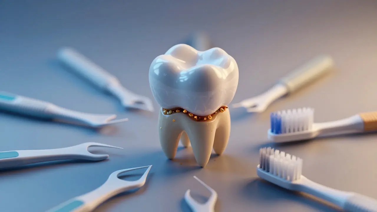 Kompozitní inlay jako krytka nad zubem, pod kterou se shromažďují bakterie, kolem ní jsou zubní nástroje jako ochránce.