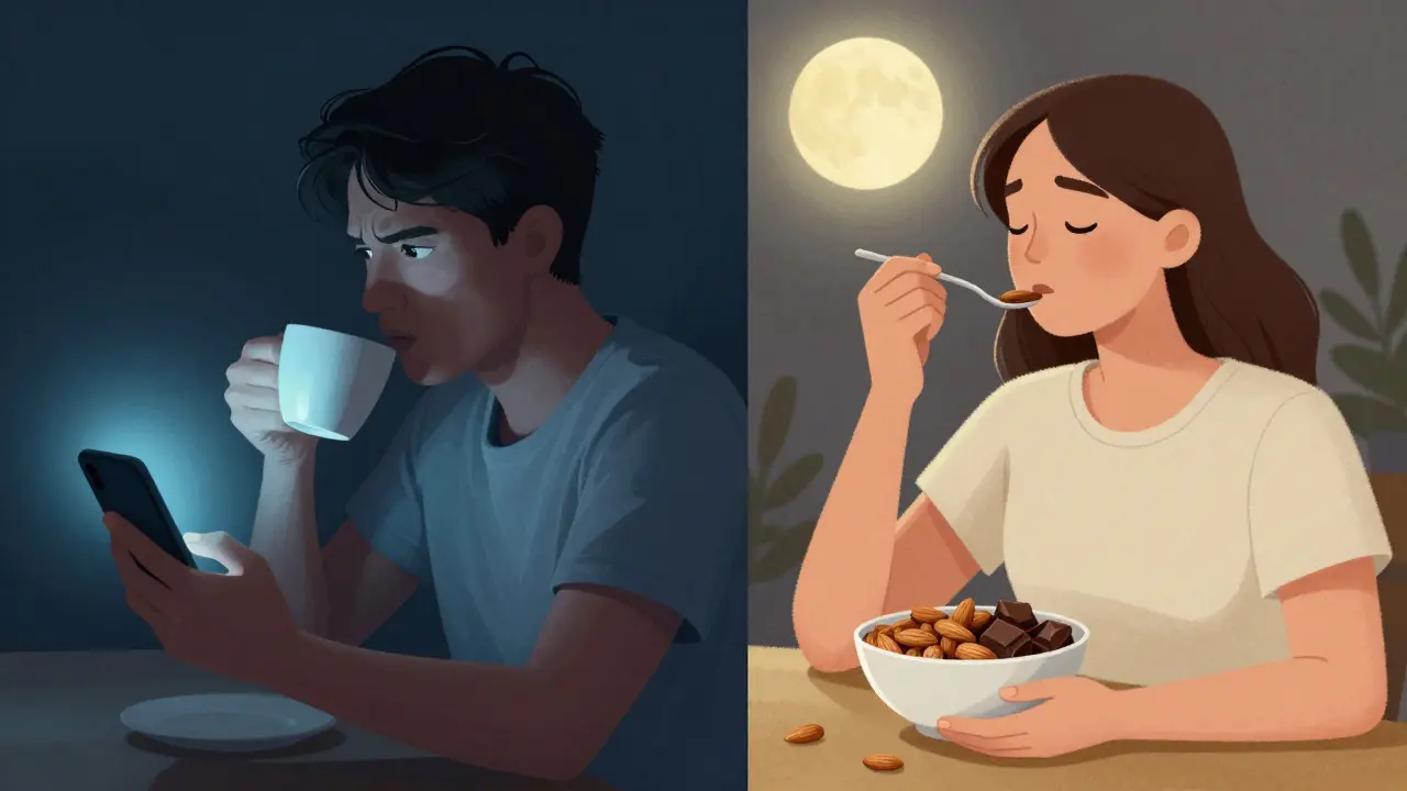 Kontrast mezi škodlivým večerním návykem a zdravou rutinou před spaním.