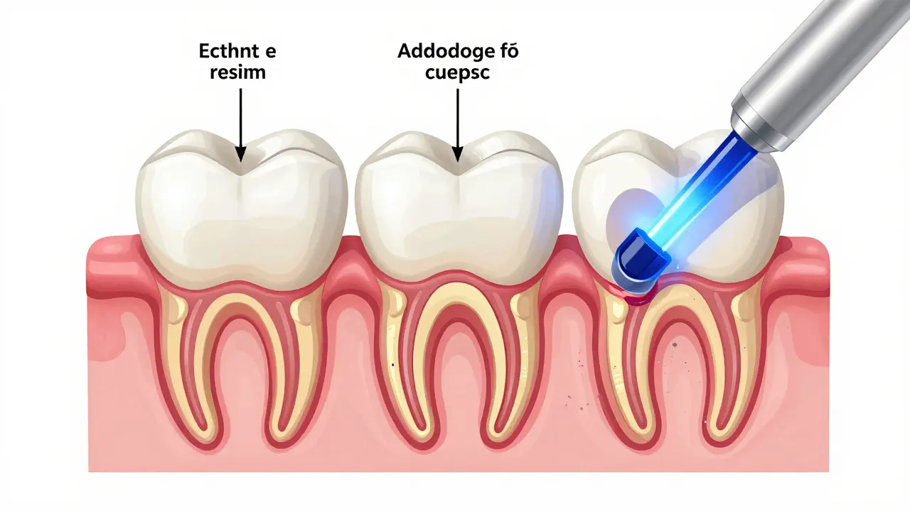Křížový řez zubem s kroky aplikace lepidla a kompozitní plomby pod LED světlem.