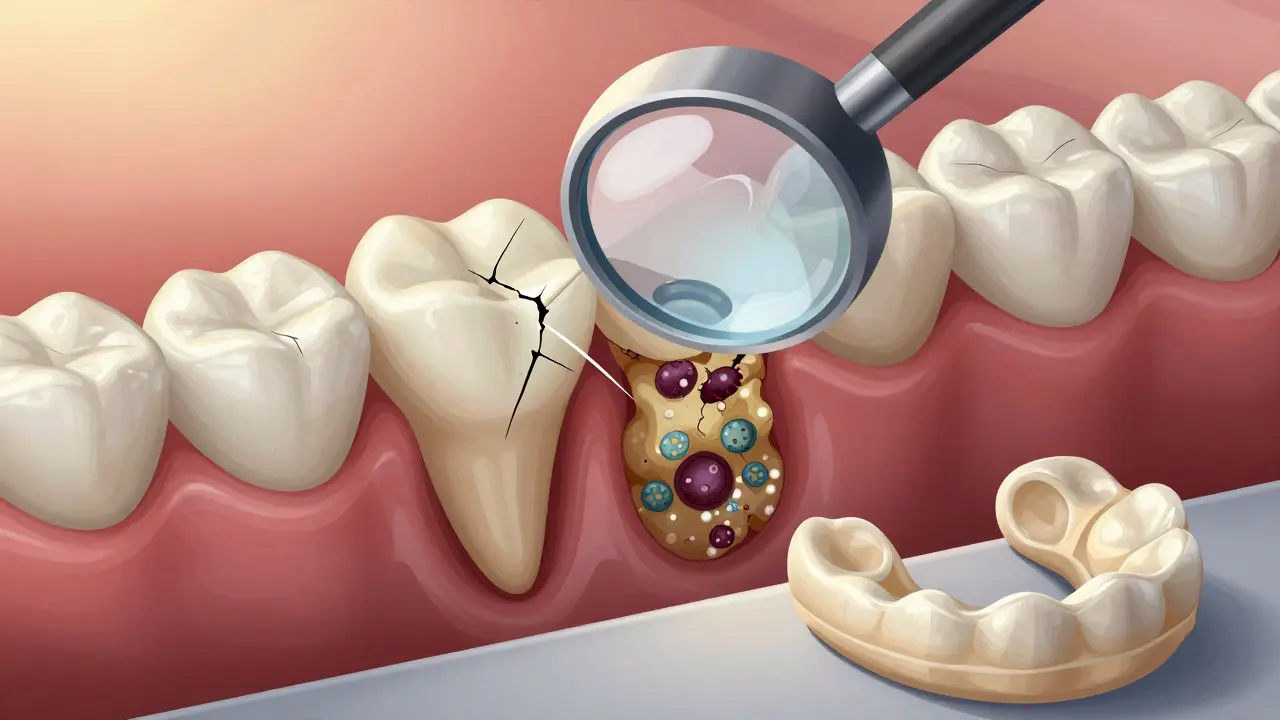 Magnified view of a cracked ceramic dental bridge with plaque and early decay on supporting tooth.