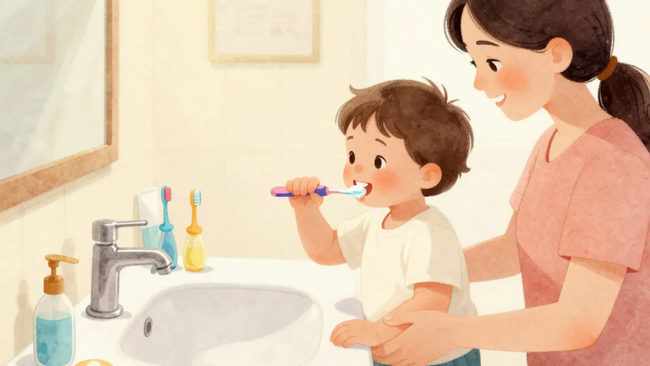 Matka čistí zuby dvouletému dítěti v koupelně