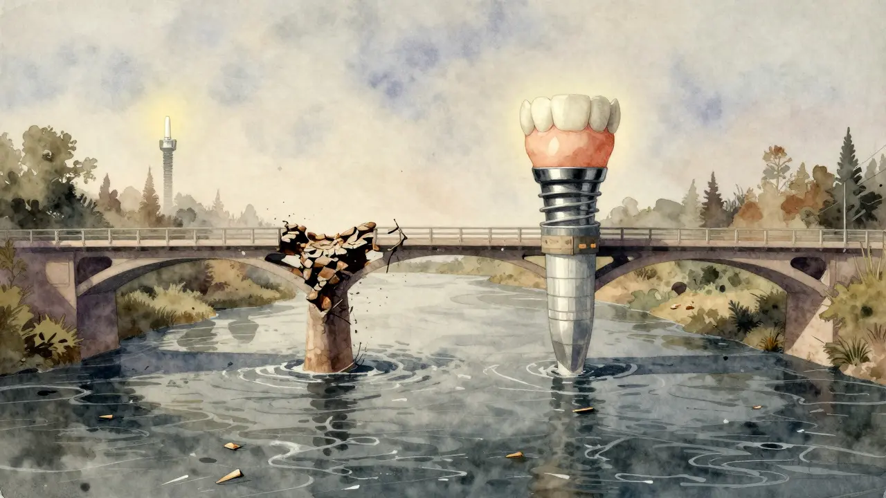 Metaphorical bridge with one crumbling pillar representing poor dental hygiene versus a stable one with protection.